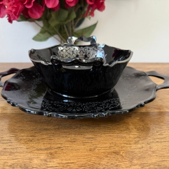 Vintage Black Amethyst Etched Glass Bowl and Plate Set Elegant Art Deco Serving - Picture 3 of 7